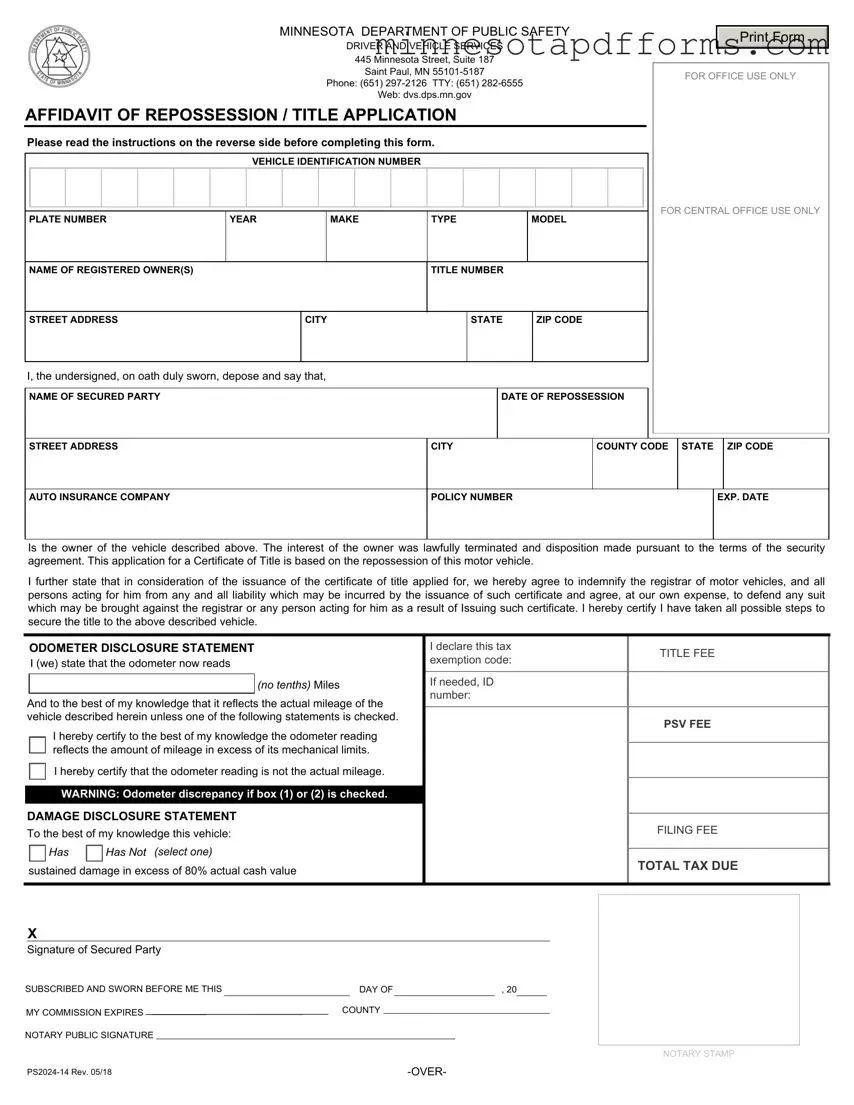 Free Affidavit Of Repossession Minnesota Template