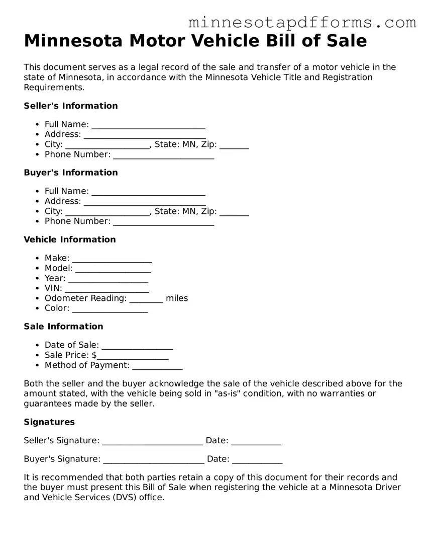  Motor Vehicle Bill of Sale Template for Minnesota