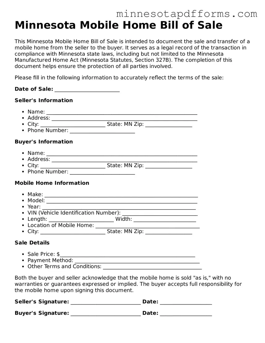  Mobile Home Bill of Sale Template for Minnesota
