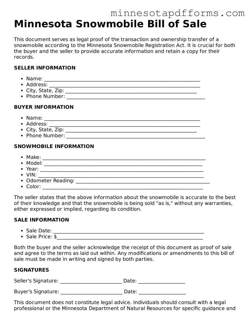  Snowmobile Bill of Sale Template for Minnesota