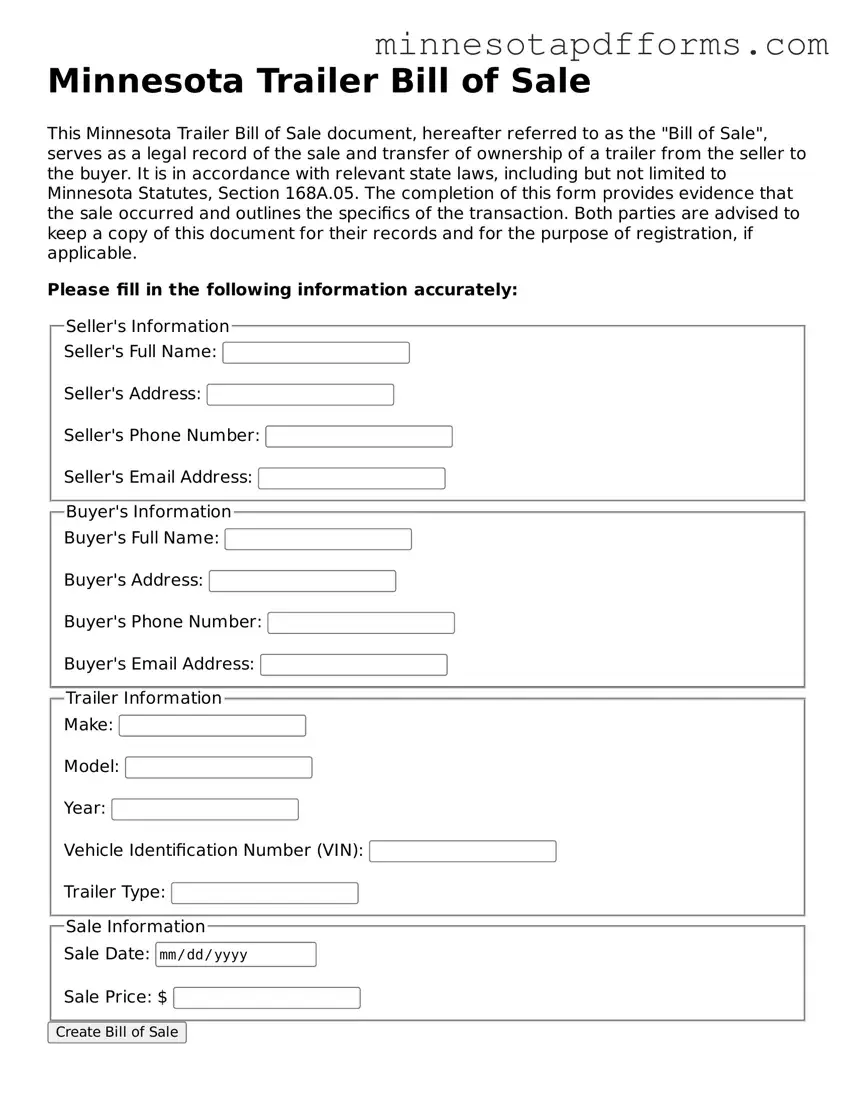  Trailer Bill of Sale Template for Minnesota