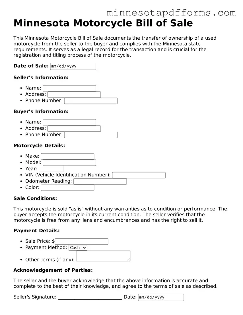  Motorcycle Bill of Sale Template for Minnesota