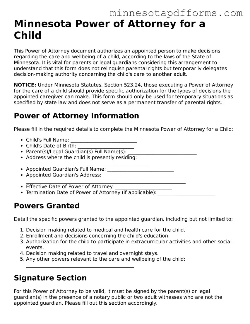  Power of Attorney for a Child Template for Minnesota