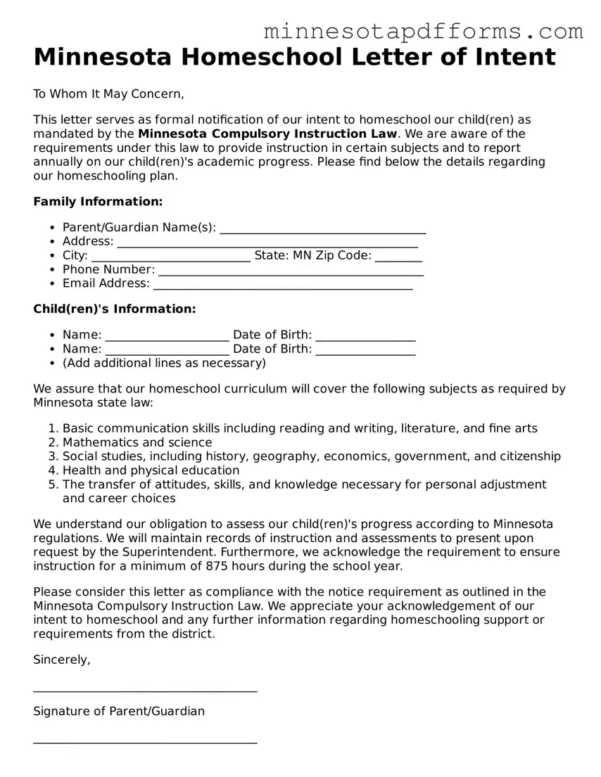  Homeschool Letter of Intent Template for Minnesota