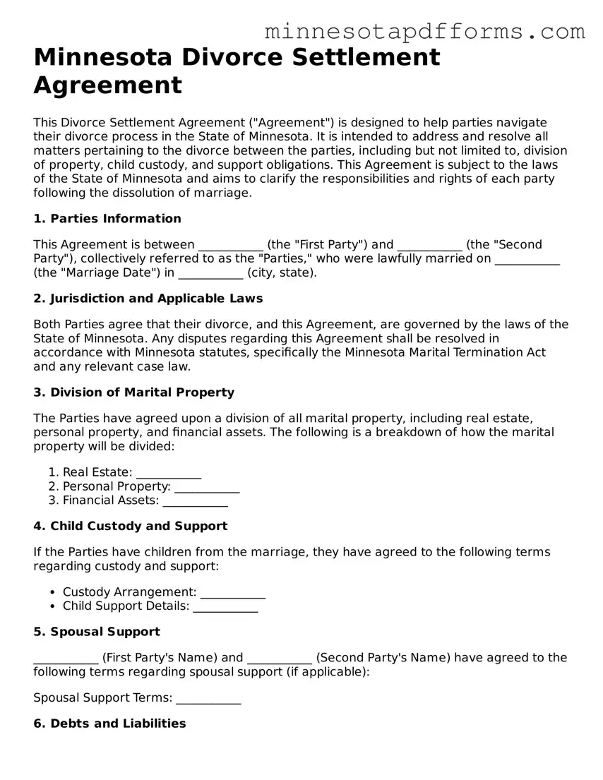  Divorce Settlement Agreement Template for Minnesota