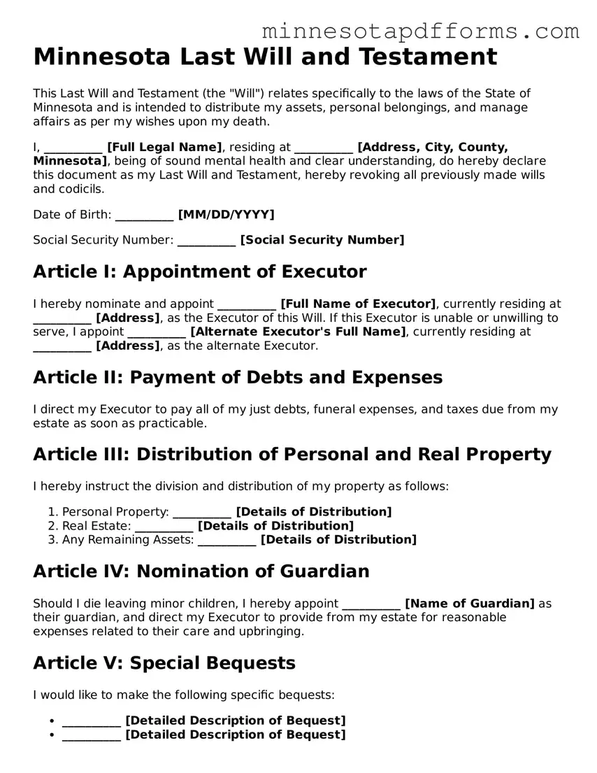 Last Will and Testament Template for Minnesota