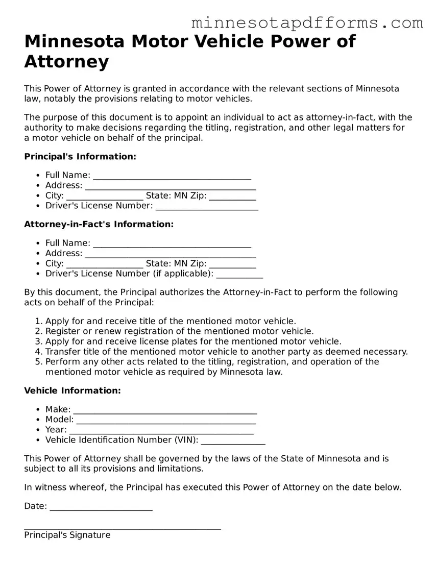  Motor Vehicle Power of Attorney Template for Minnesota