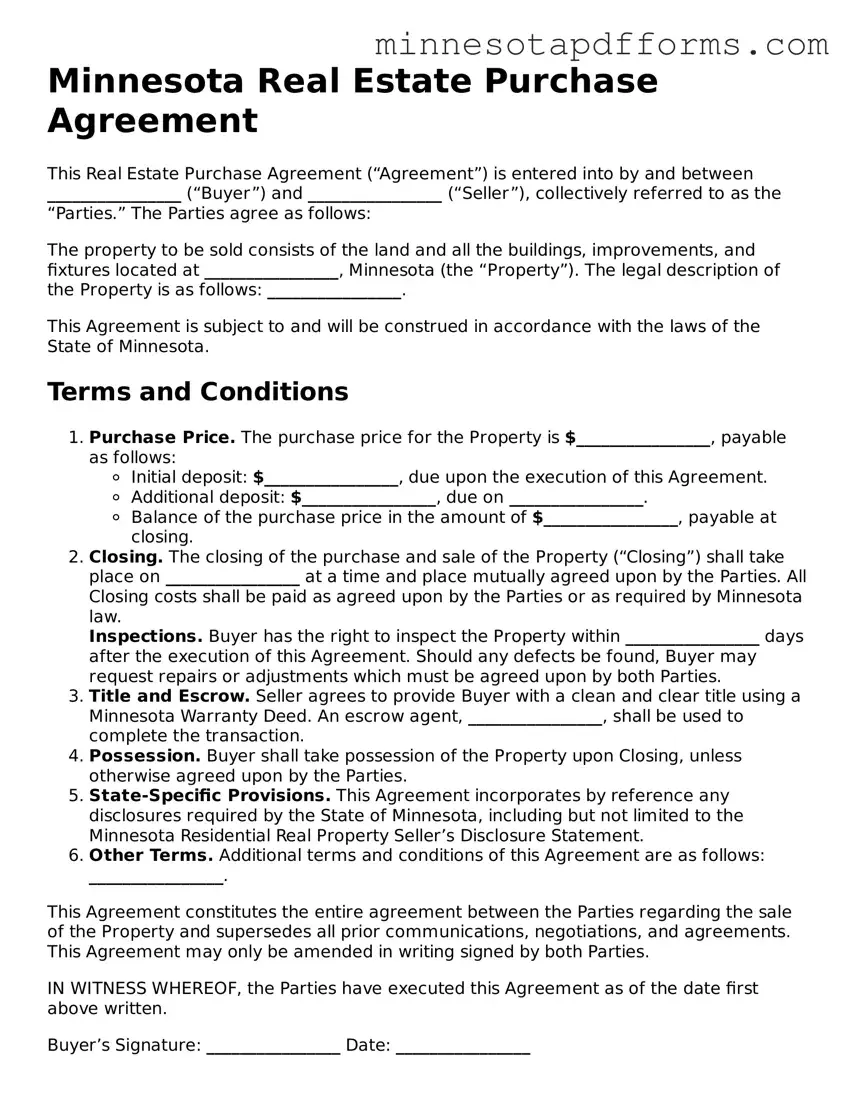  Real Estate Purchase Agreement Template for Minnesota