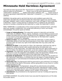  Hold Harmless Agreement Template for Minnesota